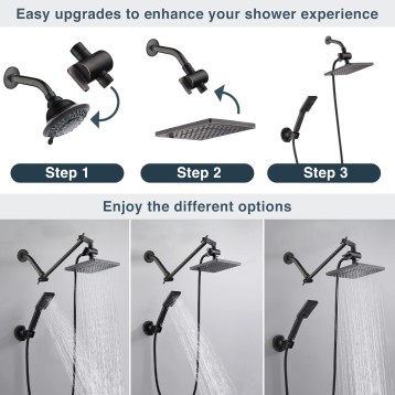 Rain Shower Head with Handheld Spray, 8 Inch Rainfall Shower Head Combo with 60" Hose, Adjustable Dual Square Showerhead Set with 3-Way Diverter, Wall Bracket, Oil-Rubbed Bronze