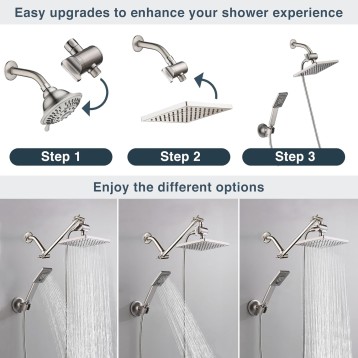 Rain Shower Head with Handheld Spray, 8 Inch Rainfall Shower Head Combo with 60" Hose, Adjustable Dual Square Showerhead Set with 3-Way Diverter, Wall Bracket, Brushed Nickel