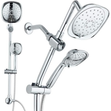 - 7-Inch Rainfall Combo with Slide Bar, 48-Setting Shower Heads, 5 Foot Stainless Steel Hose, Chrome Finish