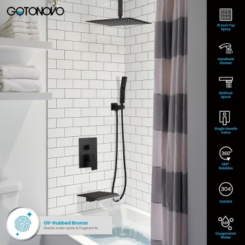 Rain Shower System Rainfall Shower Head Combo Shower Faucet Set with Waterfall Bathtub Spout Handheld Shower Ceiling Mount Rough-in Valve Kit Included 16" Oil Rubbed Bronze