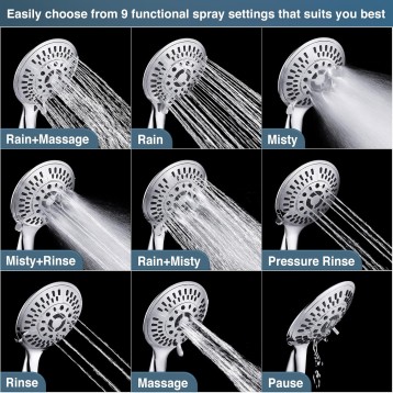 9 Spray Settings Shower Head with Handheld High Pressure Hand Held Showerhead with 60 Inch Stainless Steel Hose and Adjustable Overhead Bracket, Chrome