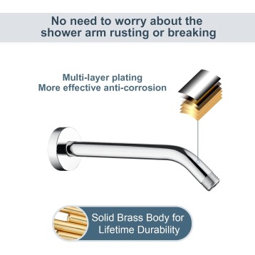 Shower Arm with Flange 10 Inches Solid Brass Shower Head Extension Arm, Wall Mounted Shower Pipe Arm for Rainfall Shower Head and Handheld Showerhead, Chrome