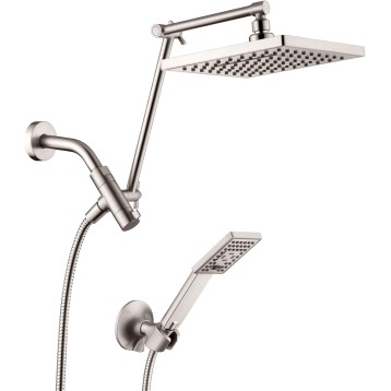 High Pressure Rain Shower Head Combo with Double Extension Arm, 8 Inch Rainfall Shower Head with Handheld Spray, Height Adjustable Dual Square Showerhead Set, Brushed Nickel