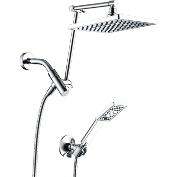 High Pressure Rain Shower Head Combo with Double Extension Arm, 8 Inch Rainfall Shower Head with Handheld Spray, Height Adjustable Dual Square Showerhead Set, Chrome