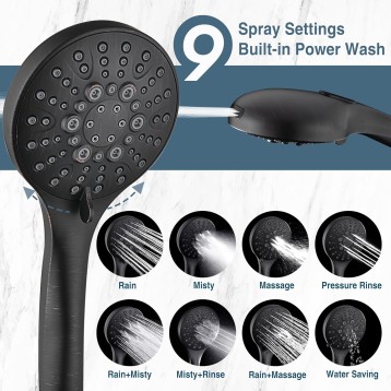 High Pressure Shower Head with Handheld, 9 Spray Settings Showerhead Built in Power Wash to Clean Tub and Pets, Extra Long 69" Hose, Adjustable Bracket, Oil-Rubbed Bronze