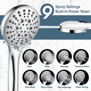 High Pressure Shower Head with Handheld, 9 Spray Settings Showerhead Built in Power Wash to Clean Tub and Pets, Extra Long 69" Hose, Adjustable Bracket, Chrome