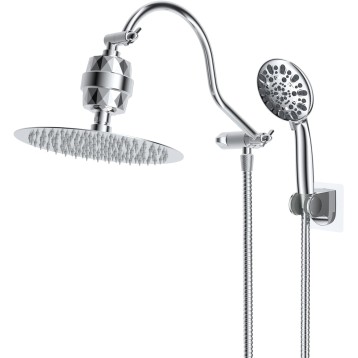 All Metal Shower Head, 20 Stage Shower Filter, 10'' High Pressure Rainfall Shower Head/Handheld Showerhead Combo with 12'' Adjustable Curved Shower Extension Arm, 7-Spray, 71'' Shower Hose, Ch